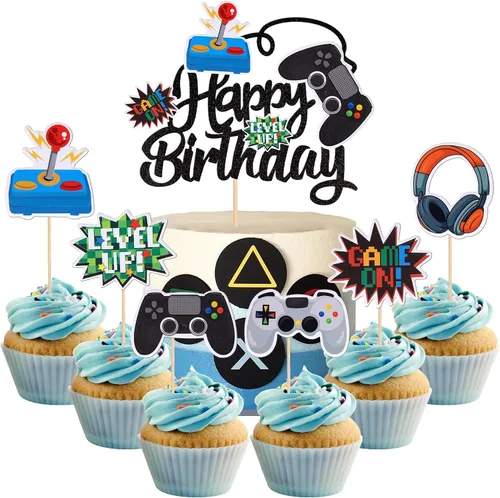 Vista 10 de 36 piezas de decoraciones para cupcakes de videojuegos ensambladas, controladores Game On, palillos para cupcakes, decoraciones de pastel GamePad