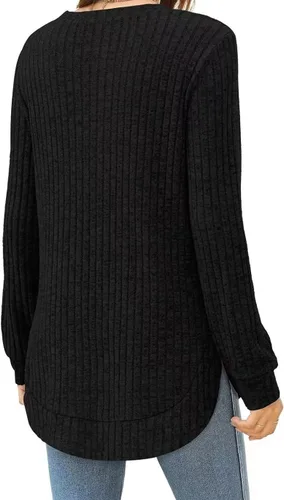 Vista 6 de Suéteres básicos de otoño para mujer, manga larga, cuello redondo, suéter de invierno de punto acanalado, suéter de invierno