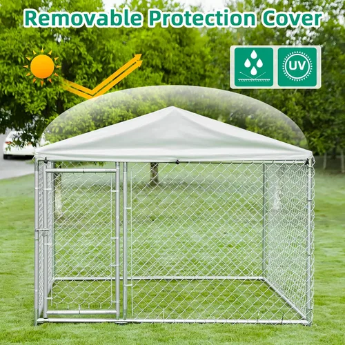 Vista 3 de VIVIJASON Perrera grande para perros al aire libre, jaula de valla resistente para mascotas con cadena galvanizada, caja para mascotas con techo