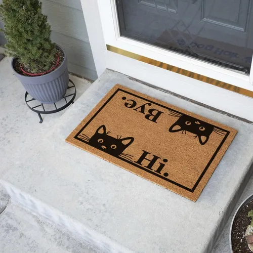Vista 2 de Tapete divertido de fibra de coco con texto en inglés «Hi Bye», bonito tapete con temática de gato, decoración de porche delantero, tapete fino