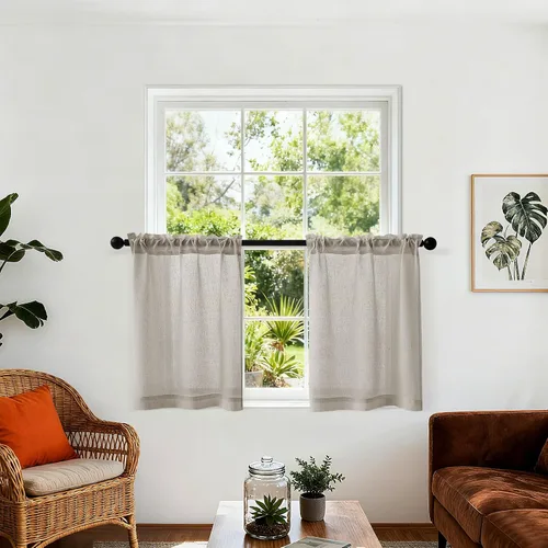 Vista 21 de Cortinas de cocina de lino semitransparente beige de 24 pulgadas de largo, 2 paneles Cream, Cafe Short Curtains, for Bathroom Small Windows, Light