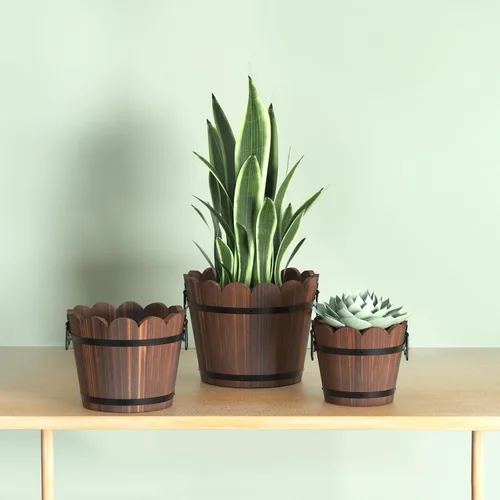 Vista 5 de HakkaGirl Macetas de madera con forma de barril, macetas rústicas para patio y decoración de interiores, juego de 3 Marrón - Juego de 3