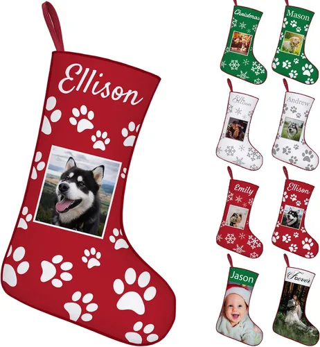 Vista 12 de Calcetines de Navidad personalizados con foto de nombre, imagen de perros y mascotas, patas de perro, calcetines de Navidad, decoración colgante