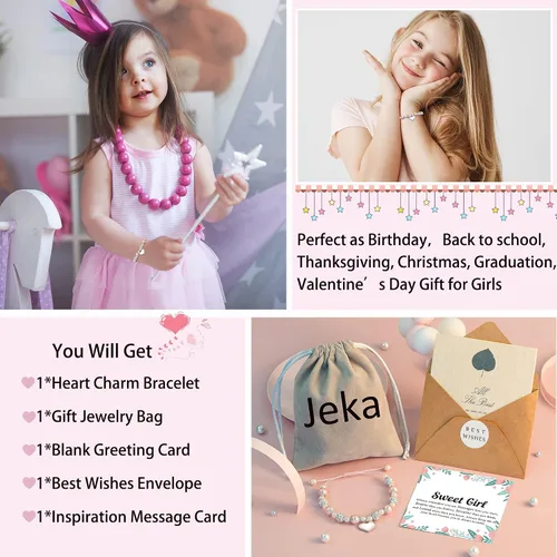 Vista 5 de Jeka Pulseras de diamantes de imitación para niñas de flores, pulseras con dije de corazón de perlas rosadas, pulseras de regreso a la escuela