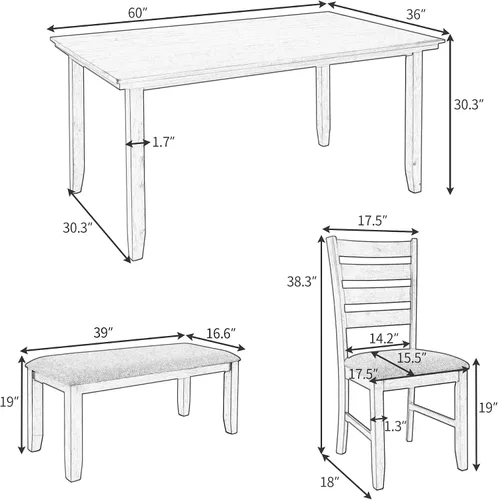 Vista 7 de Juego de 6 piezas de madera maciza rústica con mesa rectangular y 4 sillas y banco con cojín para comedor, acabado envejecido, estilo industrial Gris