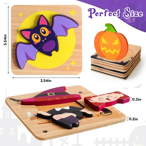 Vista 2 de Rompecabezas de madera de Halloween para niños pequeños de 1 a 3 años, rompecabezas de madera con calabaza, murciélago, fantasma, dulces, bruja