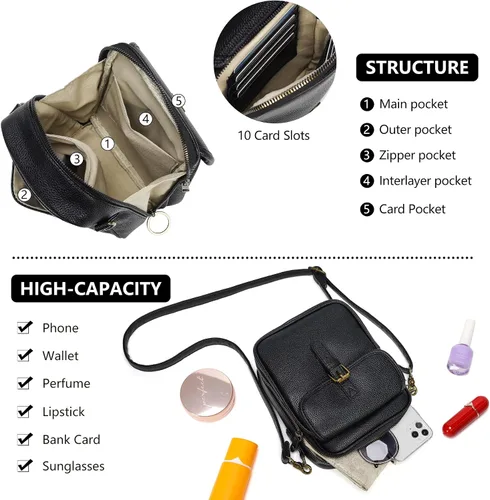 Vista 5 de Bolsos cruzados pequeños para mujeres de cuero vegano, carteras mensajero, monedero vintage antirrobo, bolsos de hombro con ranuras para tarjetas