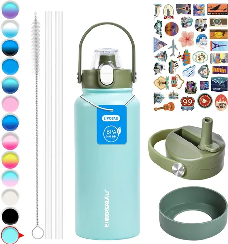 Vista 33 de Botella de agua aislada con tapa, bota y calcomanías, botella de acero inoxidable de 24 onzas, sin sudor, mantiene el frío las 24 horas, botella