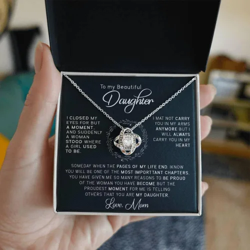 Vista 8 de John-dhh Collar con texto en inglés "To My Beautiful Daughter", regalo de mamá a hija, collar de nudo de amor, regalo de graduación, regalo