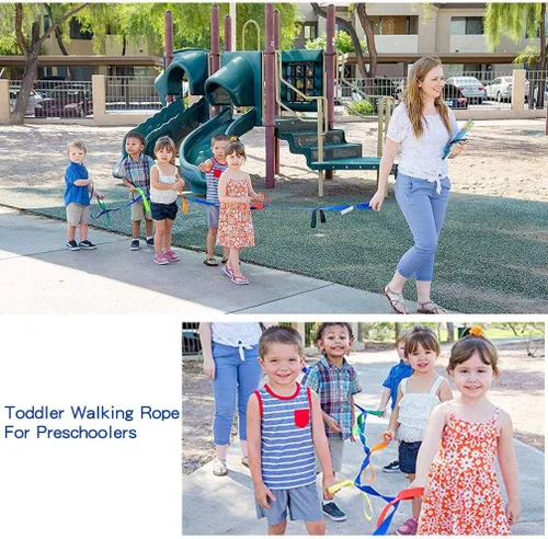 Vista 2 de KIKIGOAL Cuerdas de caminar para niños para preescolar, guardería, escuela, niños, al aire libre, asas coloridas para hasta 12 niños, 2 profesores
