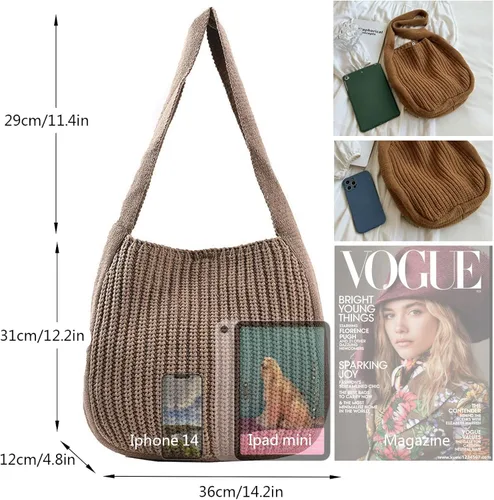 Vista 3 de Womens Knited Tote Bag Shoulder Hobo Crocheted Bag Aesthetic Cute Knit Accessory Handbag for Ladies Black White Brown