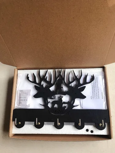 Vista 5 de KingLive Perchas para llaves de pared, ganchos para llaves de ciervo para pared, cuernos de madera negra para decoración de pared, decoración