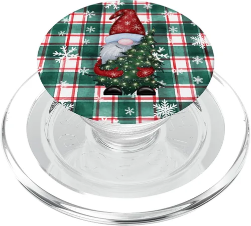 Vista 8 de Lindos gnomos de Navidad, copos de nieve a cuadros verdes y rojos, estilo vintage, PopSockets estándar PopGrip