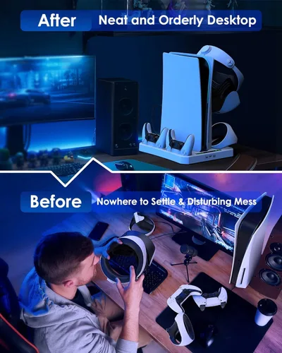 Vista 6 de HAPAW Charging Station for PS VR2 PS 5 with Cooling Fan & Accessories Organizer, PS5 PSVR 2 Controllers Charger Charging Dock, PS5 Console Cooling