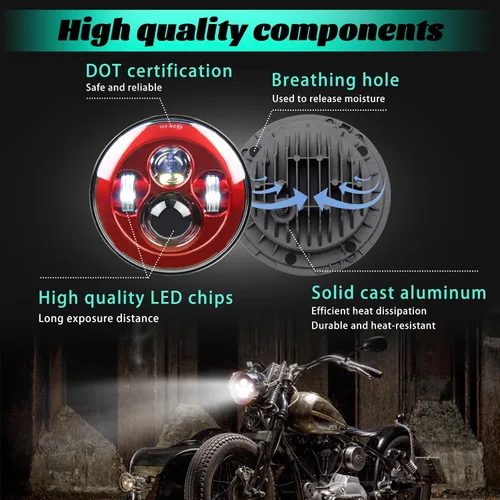 Vista 3 de SKTYANTS Faro delantero de motocicleta de 7 pulgadas LED rojo Faro de motocicleta proyector compatible con Touring Street Electra Glide Road King