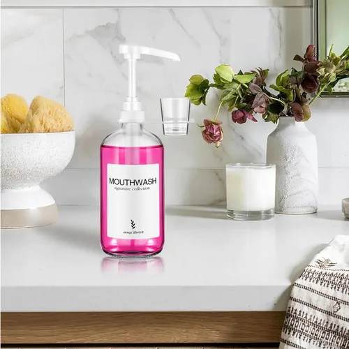 Vista 2 de Dispensador de enjuague bucal de vidrio con portavasos y bomba, dispensador de enjuague bucal rústico bohemio de 16 oz para decoración de baño