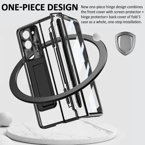 Vista 4 de Funda diseñada para Samsung Galaxy Z Fold 5 con soporte para S Pen y S Pen, soporte portátil y protector de pantalla frontal transparente Fold 5