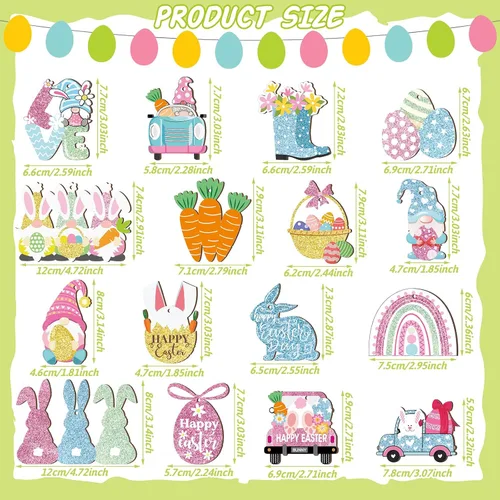 Vista 3 de Kathfly 32 piezas de adornos de Pascua para árbol pequeño de madera, decoraciones de Pascua feliz, huevos de conejo, adornos colgantes de gnomo