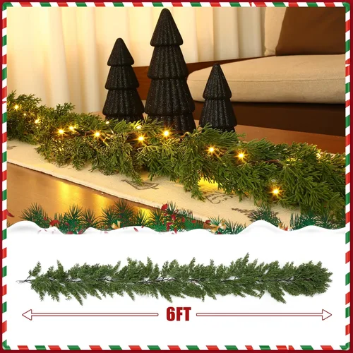 Vista 2 de Breeze Touch Guirnalda de Navidad de 6 pies con luces de cedro preiluminada, guirnalda de cedro realista para chimenea, barandilla de escaleras