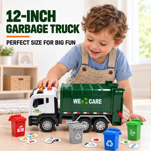 Vista 2 de 12" Garbage Truck Toy for Kids Ages 3-8, Large Trash Truck Vehicle