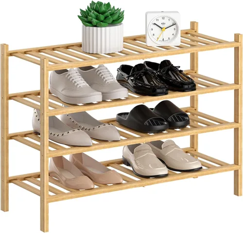 Vista 10 de RONGJlA - Zapatero de bambú de 4 niveles para armario, estante de madera para zapatos, organizador de almacenamiento para entrada, espacio pequeño