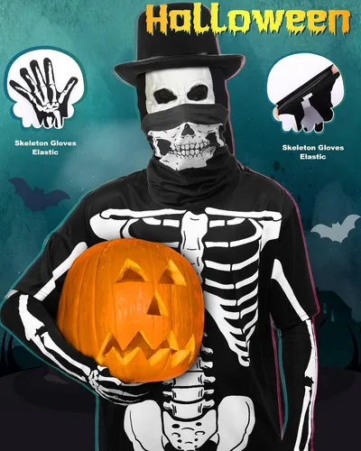 Vista 4 de Panitay 5 Pcs Halloween Skeleton Costume for Men Skeleton Rib T-Shirt Bone Gloves Walking Cane Ghost Mask for Cosplay Party