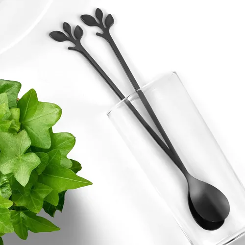 Vista 4 de AnSaw 6 cucharaditas elegantes de mango largo de hoja negra, cucharas de acero inoxidable de 7.4 pulgadas para café y té, perfectas para mezclar