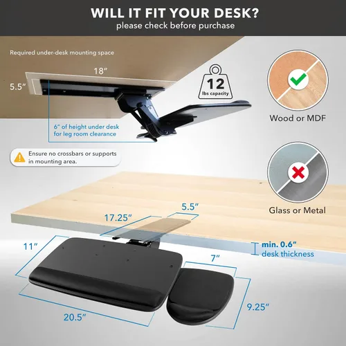 Vista 6 de Mount-It! Bandeja para teclado debajo del escritorio de movimiento completo con soporte para muñeca Plataforma de teclado deslizable ergonómica