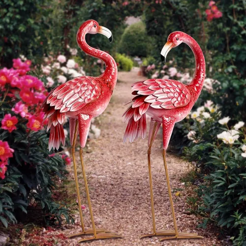 Vista 9 de Kircust Estatuas y esculturas de jardín de flamencos, estatua de metal para exteriores, adornos grandes de flamenco rosa para el hogar, patio