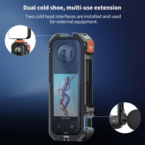 Vista 7 de VRIG - Jaula de marco para Insta360 X4, funda protectora de aluminio para Insta360 X4 con cubierta de lente de silicona, zapata fría integrada e