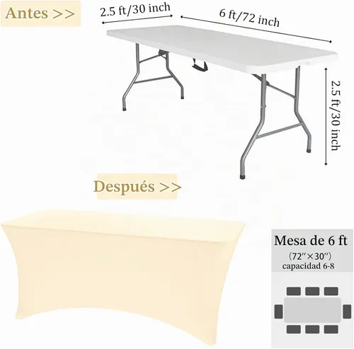 Vista 2 de Paquete de 2 manteles rectangulares de elastano de 6 pies, lavables, resistentes a las arrugas, para mesas plegables, bodas, fiestas, cumpleaños