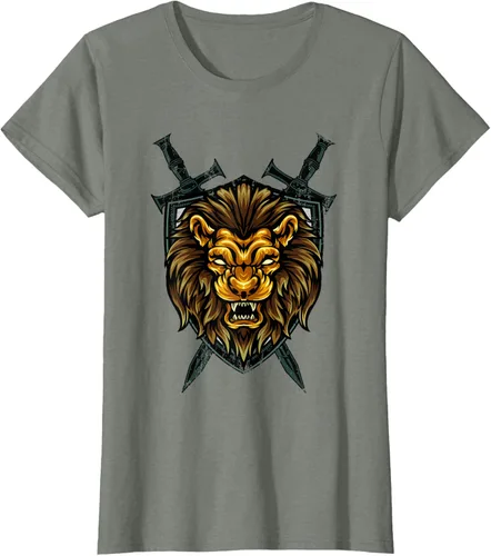 Vista 13 de Camiseta con diseño de caballero medieval renacentista, con diseño de espada de león, Negro, S