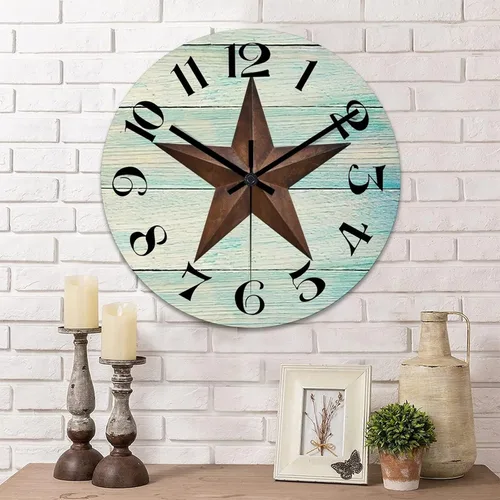 Vista 10 de Reloj de pared redondo de estilo rústico con estrellas del oeste de Texas, reloj de madera, silencioso, sin tictac, funciona con pilas, con números