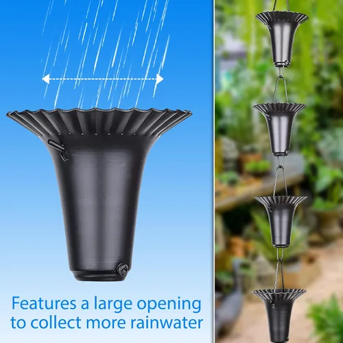 Vista 4 de RainChains Pacific - Cadena de lluvia de aluminio negro de 8.5 pies, cadena de lluvia decorativa para canalones.