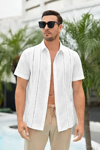 Vista 4 de Makkrom Mens Short Sleeve Guayabera Shirt Button Up Linen Lapel Hippie Cuban Camp Beach Shirts