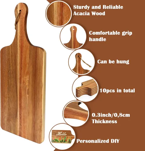 Vista 3 de 10 paquetes de tablas de cortar de madera de acacia, tabla de cortar lisa de 15 x 7 pulgadas con asas, tabla de servir grande, tabla de cortar