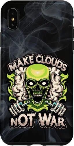 Vista 7 de iPhone 15 Make Clouds Not War Vaping Green Skull Vape Mod Caso