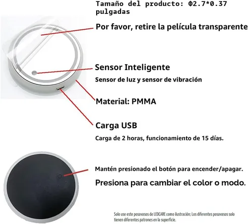 Vista 8 de Luces LED para portavasos de coche, 7 colores cambiantes USB dentro