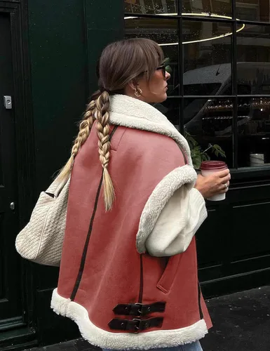 Vista 2 de APAFES Chaleco de gamuza de piel de invierno para mujer, cuello alto, sin mangas, forro polar