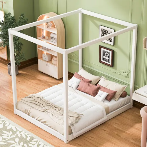 Vista 11 de Linique Cama de plataforma tamaño King con cabecera y patas de soporte, marco de cama King de madera con cuatro pósteres, no requiere somier, gris