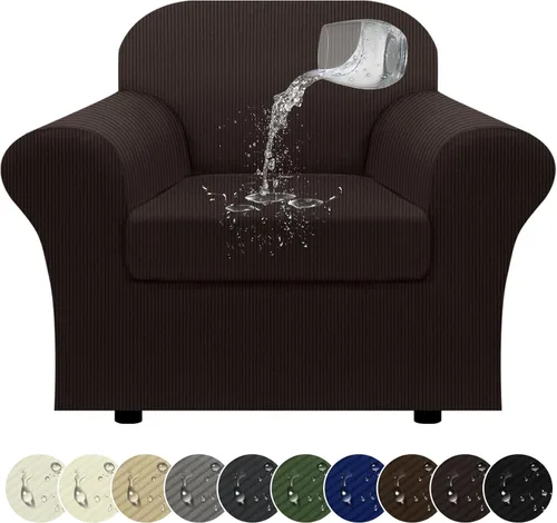Vista 52 de Funda impermeable para silla con brazos, juego de 2 piezas, funda a rayas para 1 sofá separado con cojín en T, fundas de sillón de tela