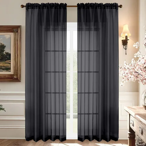 Vista 71 de Aiyufeng 2 paneles de cenefa transparente negra de 14 pulgadas de largo, cortinas cortas negras transparentes para dormitorio, cortinas de cocina
