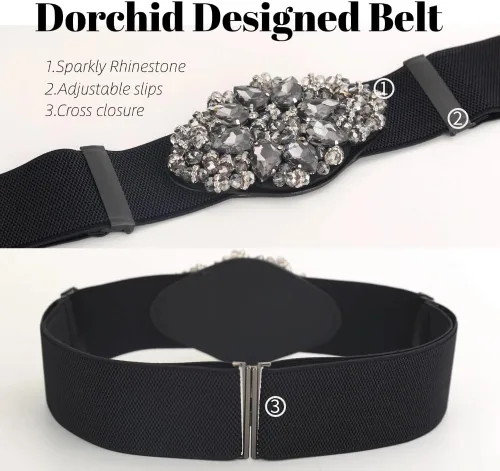 Vista 4 de Beaded Rhinestone Belt Wide Stretchy Belt for Women Dresses Negro