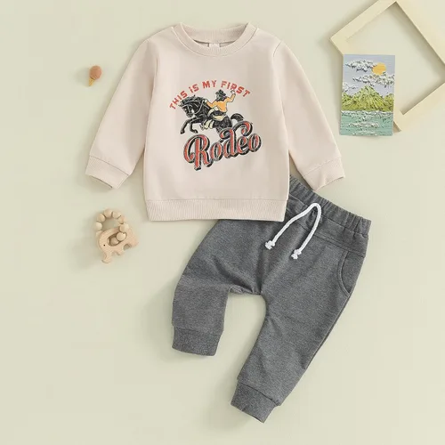 Vista 2 de Chloefairy Conjunto de 2 piezas de ropa occidental para bebé, sudadera con texto en inglés "This is My First Rodeo", conjunto de 2 piezas para otoño