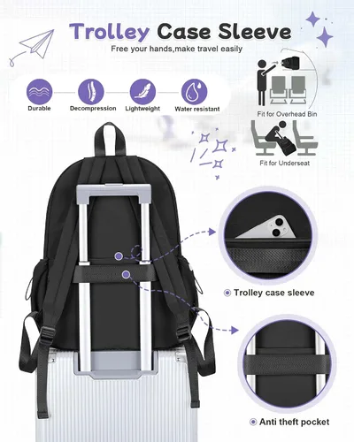Vista 6 de Mochila negra para la escuela, mochila de escuela secundaria para adolescentes, niñas y niños, mochila universitaria ligera para mujeres y hombres