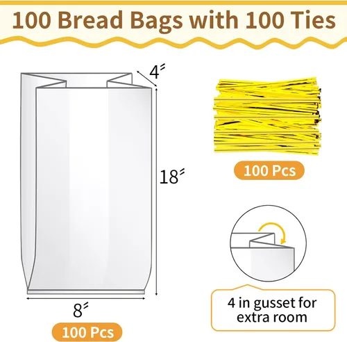 Vista 2 de Bolsas de pan con lazos, 100 bolsas de pan transparentes para pan casero y 100 lazos, bolsas de pan ajustables reutilizables de plástico, bolsas