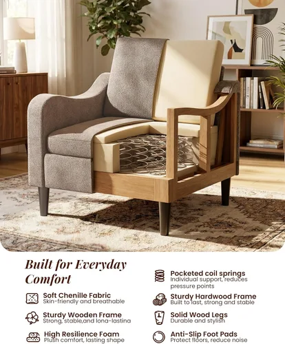 Vista 8 de LEVELEVE Silla con brazo Accent – marrón claro, silla de lectura cómoda tapizada para sala de estar, dormitorio, apartamento, sala de espera