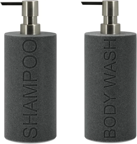 Vista 18 de Paquete de 2 botellas recargables de resina negra mate para champú y gel de baño – Juego de dispensadores de bomba modernos para baño, recipientes
