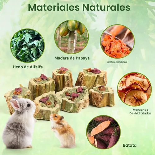 Vista 3 de Abizoo Juguetes masticables de conejo para conejo, madera de papaya natural, golosinas masticables con heno de alfalfa orgánica, zanahoria seca