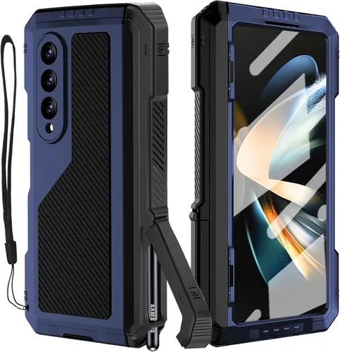 Vista 9 de Funda de metal para Samsung Galaxy Z Fold 4 con soporte para bolígrafo S, funda militar resistente Z Fold4 con protector de pantalla integrado, Negro